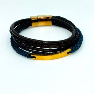 Fossil Bracelet Triple Beach Men Brown black leather and blue rope